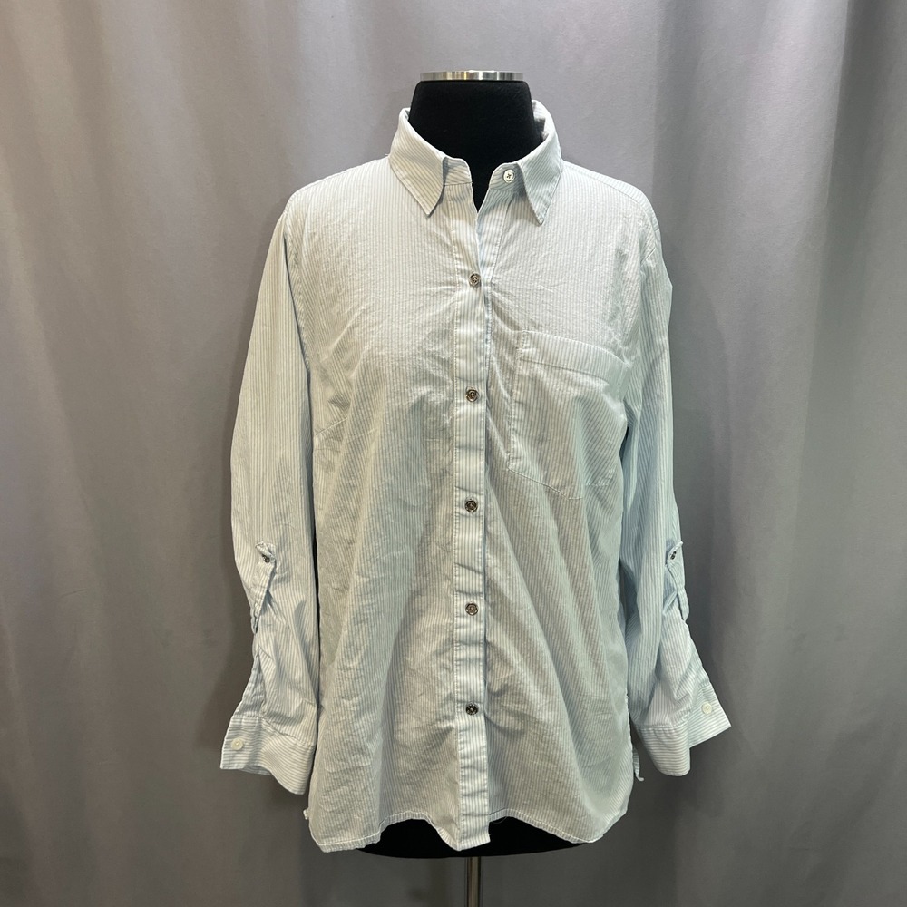 Michael Kors Button Up Shirt Womens L White Blue Striped Roll Tab Sleeve Casual